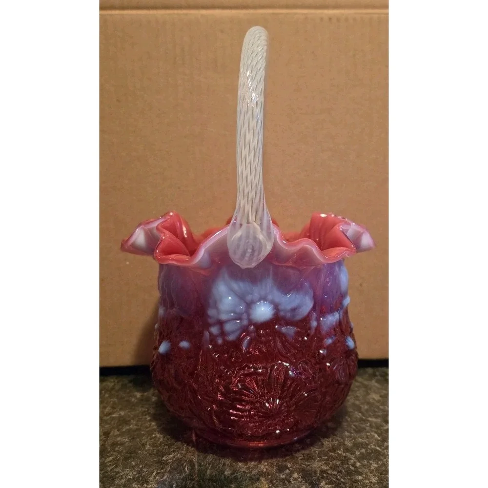 Fenton Embossed Cranberry Opalescent Victorian Language Of Flowers Poppy Basket